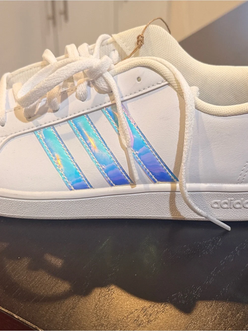 Kids White Sneakers with Iridescent Stripes